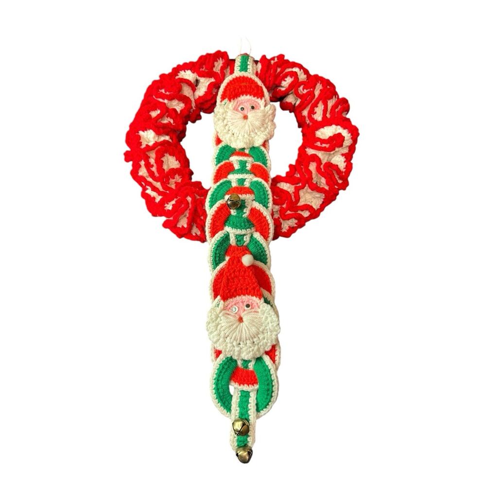 Vintage Handmade Crochet Christmas Wreath 14 In & Santa Door Hanger Bells Ruffle